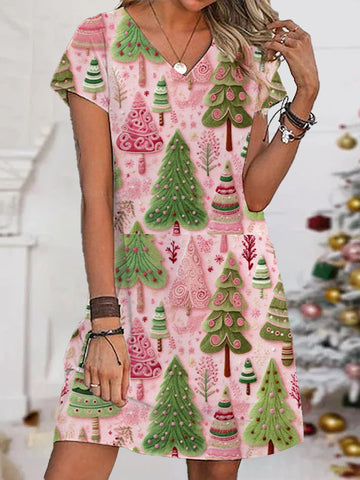 Women's Casual Pink Christmas Tree V-Neck Print Dress