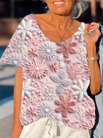 Women's Loose Pink Snowflake Print T-Shirt