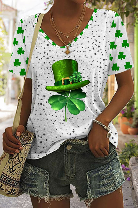 Textured Spotted Lucky Clover Four Leaf Clover Green Hat V Neck T-shirt