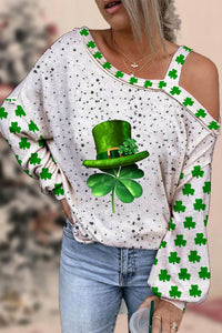 Textured Spotted Lucky Clover Four Leaf Clover Green Hat Off Shoulder Blouse